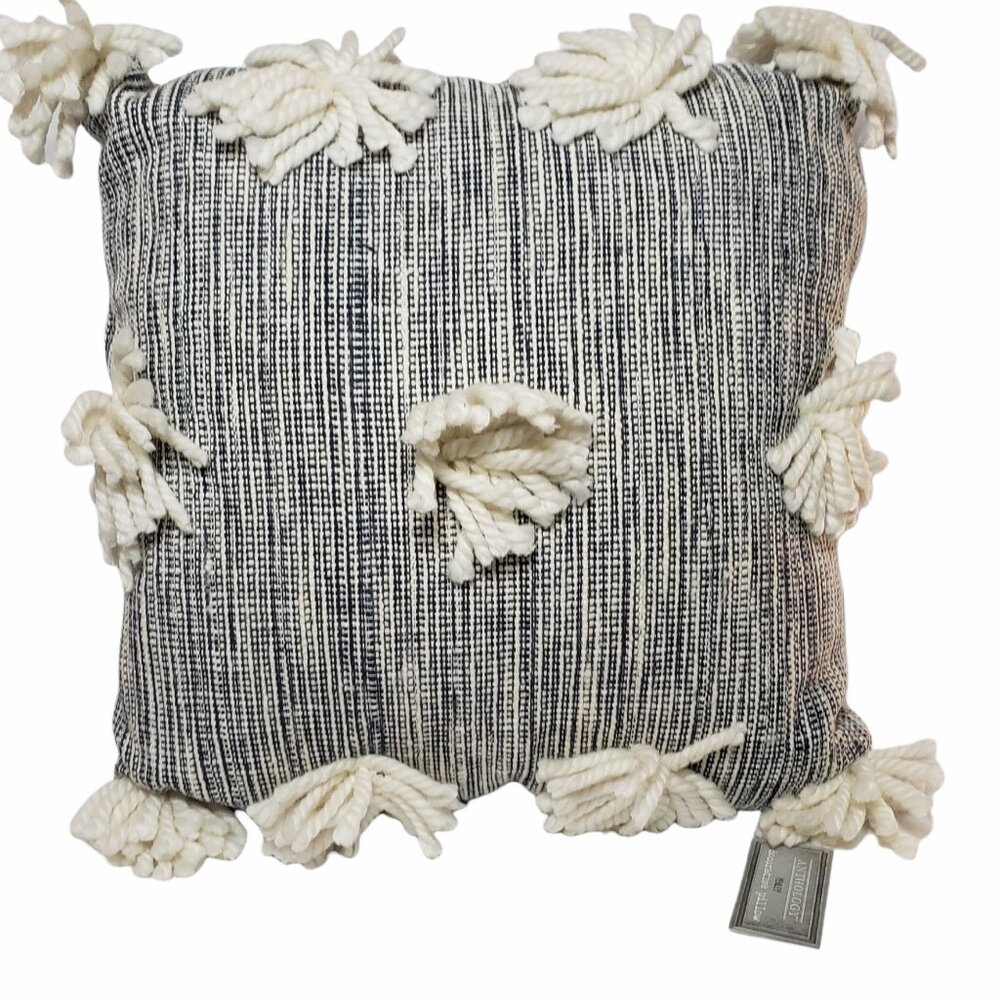 Anthology Henley Square Throw Pillow Chevron NWT Blue Ivory Pom Poms Boho 20x20